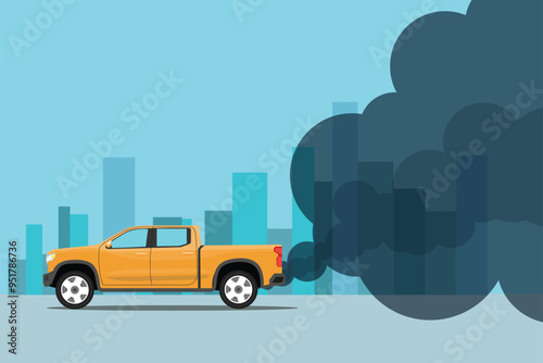 Vector illustration of car exhaust pollution in the city. Automobile exhaust pollutes cities, saving energy and reducing emissions. Polluted air environment at city, vehicle traffic and toxic smog