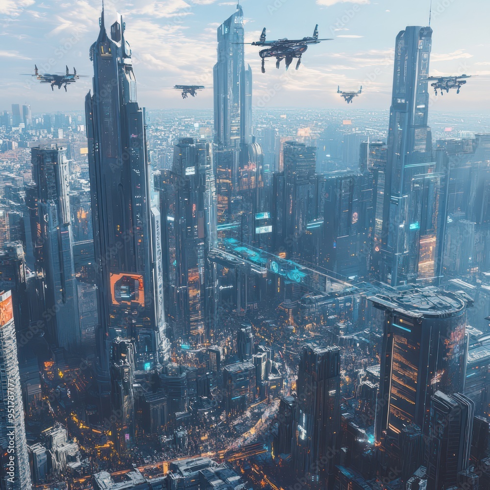 Naklejka premium A futuristic cityscape dominated by towering AI-powered skyscrapers By Generated AI