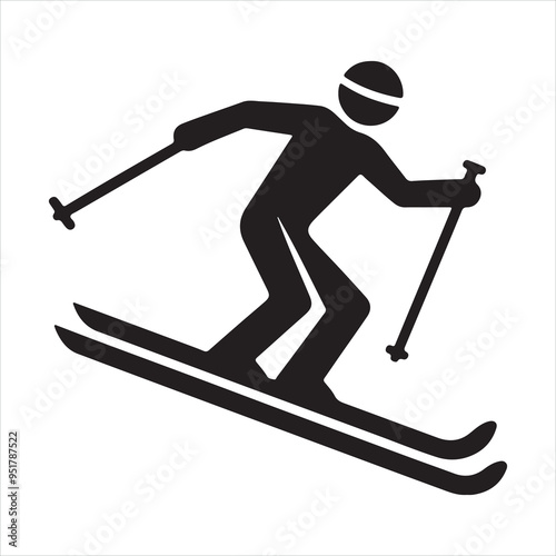 Vector simple skiing person silhouette shadow shape, flat black icon isolated on white backround. Logo emblem design element. Winter sport game and leisure activity silhouette white background

