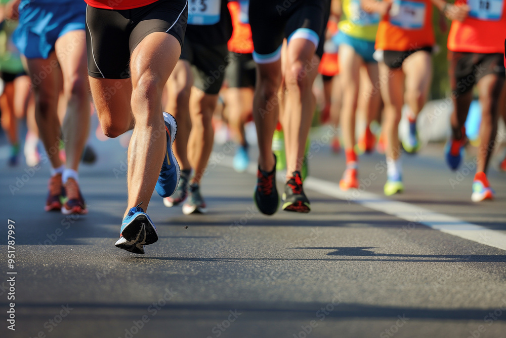 Close-Up of Marathon Runners on City Road. Concept of Athletic Competition and Endurance. Runners on race track. Generative AI Close-Up of Marathon Runners on City Road. Concept of Athletic Competition and Endurance. Runners on race track. Generative AI