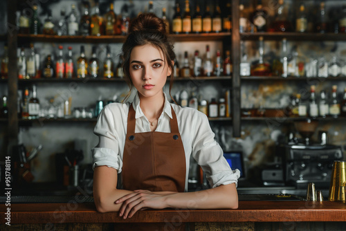 Attractive Female Bartender in Professional Setting. Concept of Hospitality and Service. Generative AI