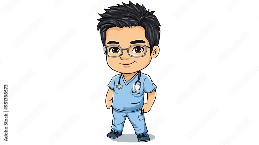 Chibi Dark Male Filipino Nurse with Eyeglasses, Dressed in Hospital Scrubs. A Cute and Playful Representation of Healthcare Professionals, Perfect for Illustrations, Healthcare Themes, Chibi Dark Male Filipino Nurse with Eyeglasses, Dressed in Hospital Scrubs. A Cute and Playful Representation of Healthcare Professionals, Perfect for Illustrations, Healthcare Themes,
