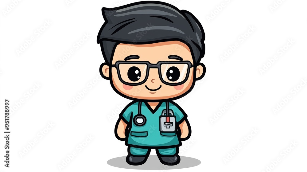 Chibi Dark Male Filipino Nurse with Eyeglasses, Dressed in Hospital Scrubs. A Cute and Playful Representation of Healthcare Professionals, Perfect for Illustrations, Healthcare Themes, Chibi Dark Male Filipino Nurse with Eyeglasses, Dressed in Hospital Scrubs. A Cute and Playful Representation of Healthcare Professionals, Perfect for Illustrations, Healthcare Themes,