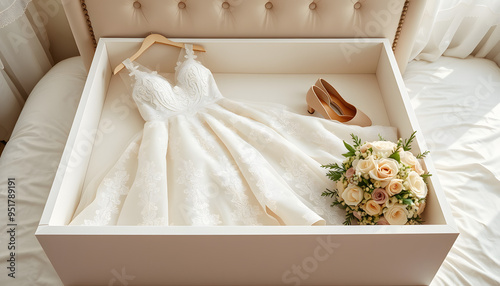 Luxury wedding dress in white box, beige women's shoes and bridal bouquet on bed, copy space. Bridal morning preparations. Wedding concept isolated with white highlights, png photo