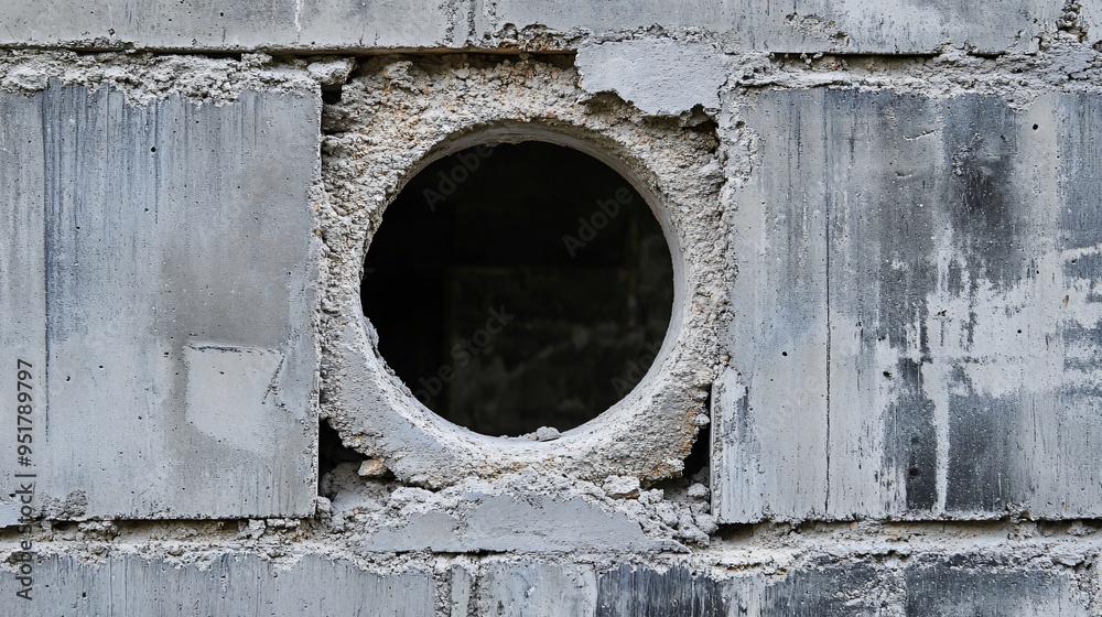 Circular hole in a cinder block wall showing the rough, gray blocks inside Circular hole in a cinder block wall showing the rough, gray blocks inside