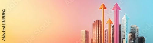 Colorful upward arrows represent business growth against a gradient skyline backdrop. Perfect for finance and development themes.