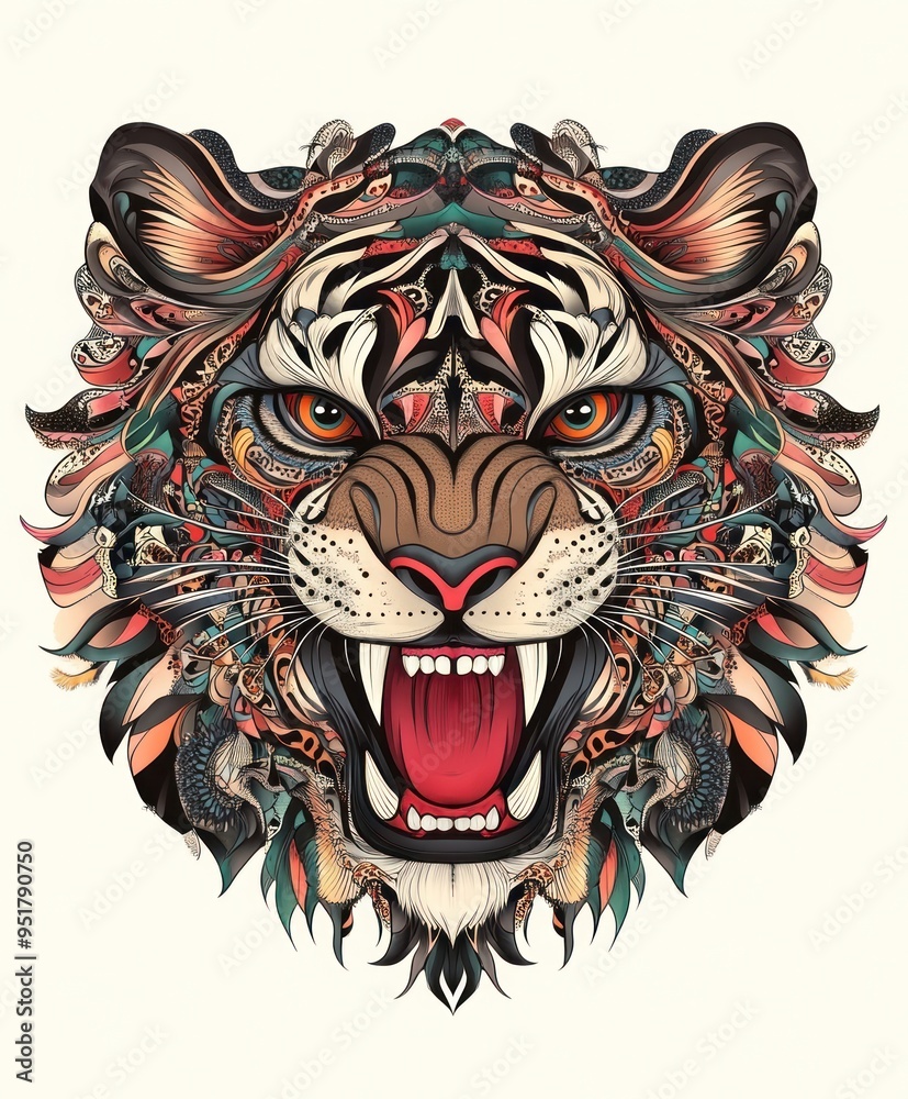 Obraz premium A vibrant, artistic depiction of a tiger's head with intricate patterns and colors.