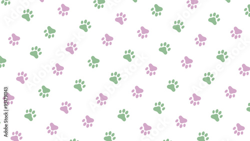 Green and purple  seamless pattern of dog or cat paw print for t-shirts, backgrounds, patterns, websites, showcases design, greeting cards, child prints, wallpapers etc