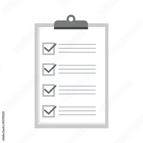 Vector illustration set of checklist document in cartoon flat style. Checklist on clipboard. Marking checkmark on paper check-list. Filling questionnaire, survey form, document, choosing option