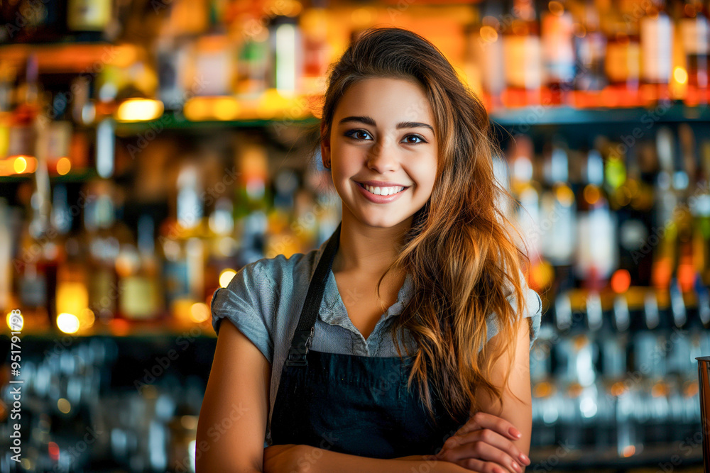 Attractive Female Bartender in Professional Setting. Concept of Hospitality and Service. Generative AI Attractive Female Bartender in Professional Setting. Concept of Hospitality and Service. Generative AI