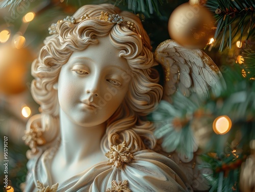 A serene angel figure adorned with festive decorations, bringing a touch of elegance to the holiday season.