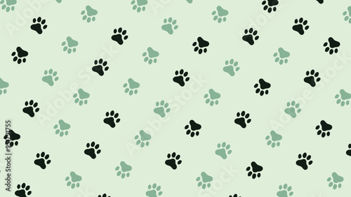 Green and black  seamless pattern of dog or cat paw print for t-shirts, backgrounds, patterns, websites, showcases design, greeting cards, child prints, wallpapers etc