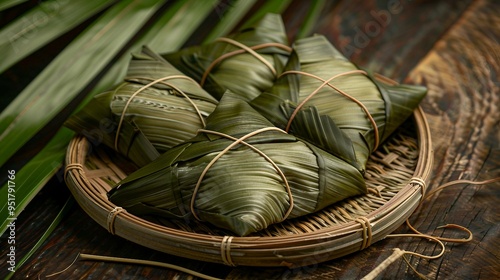 Celebrating Duanwu Festival with Zongzi - Close-up of Traditional Chinese Rice Dumpling Design Concept photo