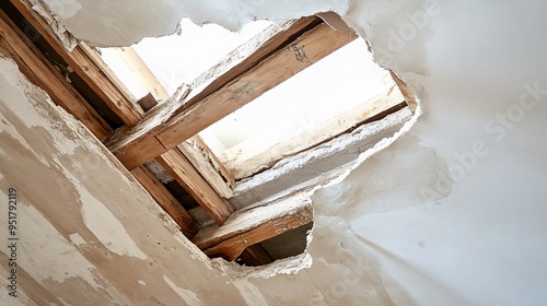 Large, irregular hole in a plaster ceiling with exposed wooden beams above photo