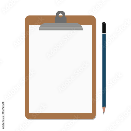 Vector illustration of wooden clipboard with blank document in cartoon flat stye. White paper with pencil, eraser, business stationery supply icon, 