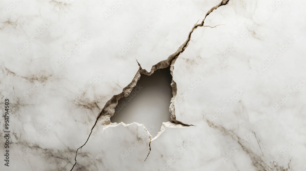 Fototapeta premium Realistic crack in a marble wall leading to a small hole with jagged edges