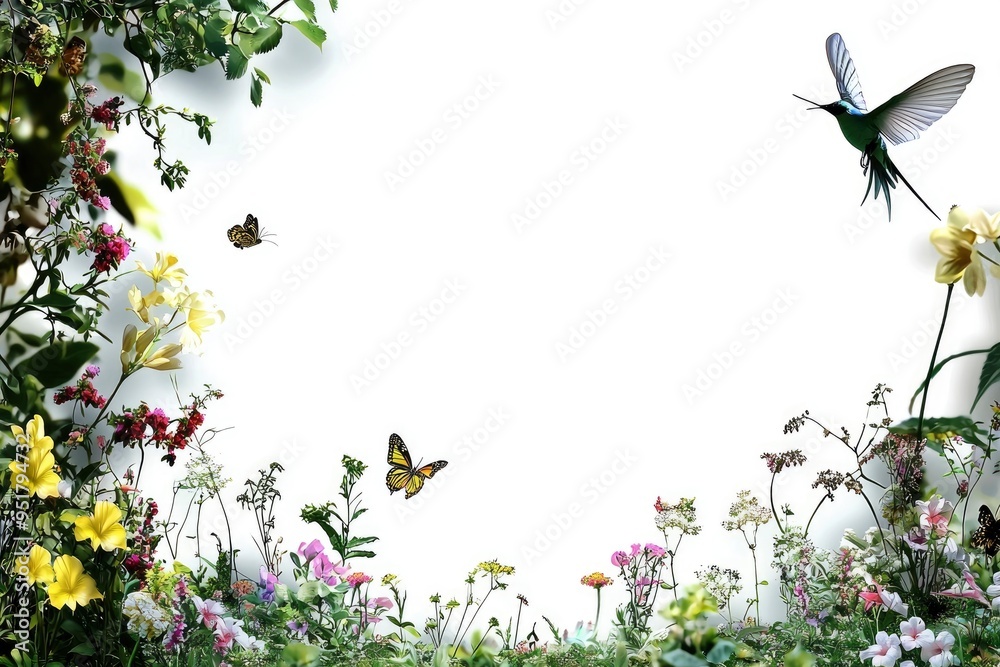 Fototapeta premium Spring Flowers and Butterflies with Hummingbird Frame
