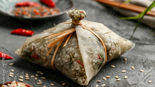 Traditional Chinese Zongzi Rice Dumplings for Dragon Boat Festival on Dark Gray Table with Ingredients photo