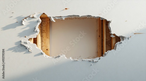 Realistic hole in a painted drywall with exposed insulation and wooden studs photo