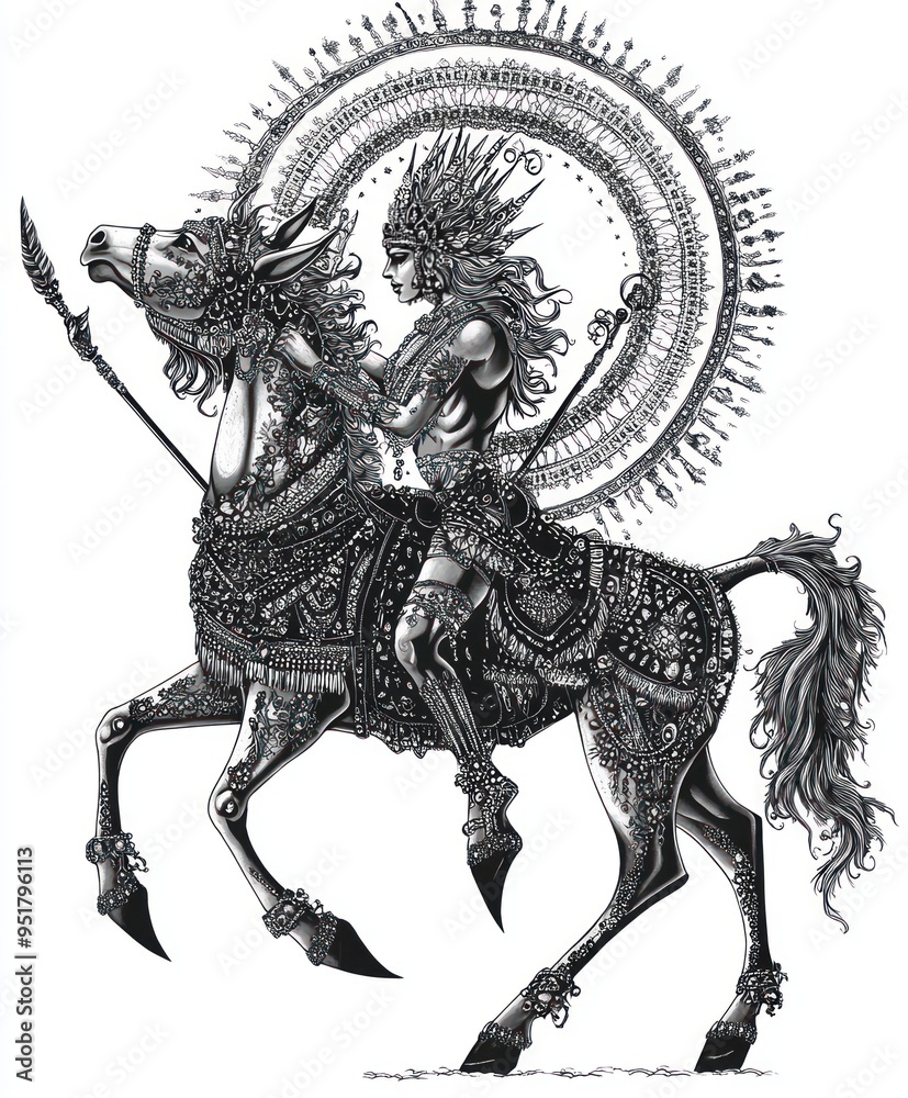 A detailed illustration of a warrior on a decorated horse, showcasing intricate designs. A detailed illustration of a warrior on a decorated horse, showcasing intricate designs.