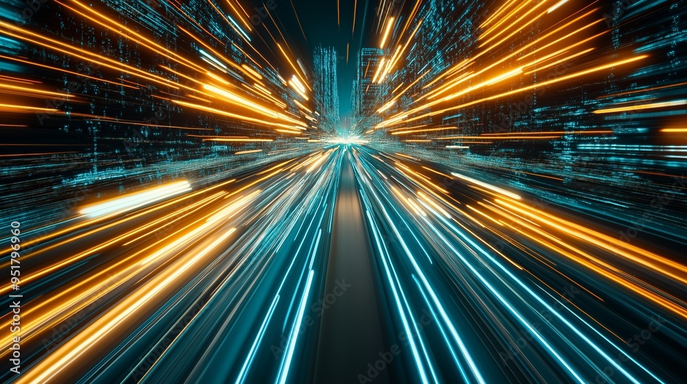 Fototapeta premium Dynamic long exposure photo capturing colourful light trails in a cityscape, symbolizing high-speed motion and futuristic technology.