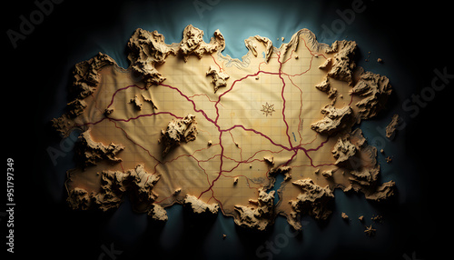 Fantasy map for a game, game board isolated with white highlights, png photo