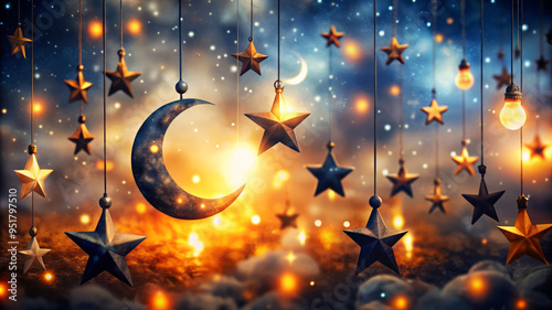 Starry Night Sky With Moon And Lights   photo