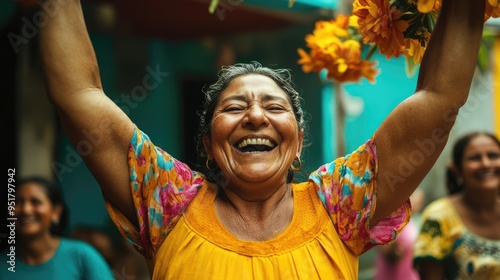 Joyful Elderly Woman Celebrating with Flowers