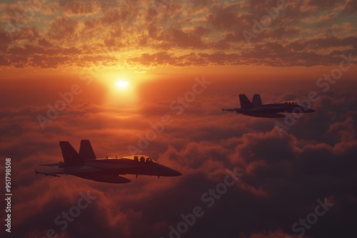 Fighter jet flying at sunset with afterburners, dramatic sky, aerial view, speed. photo