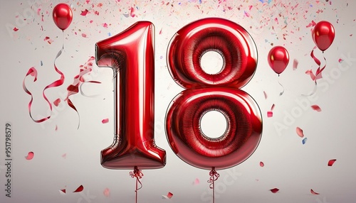 Red birthday / anniversary balloon, number 18, white background photo