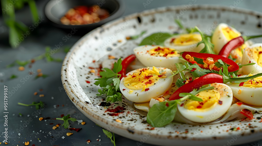 Close-up of Delicious Egg Salad with Chili Peppers and Greens on a White Plate Close-up of Delicious Egg Salad with Chili Peppers and Greens on a White Plate