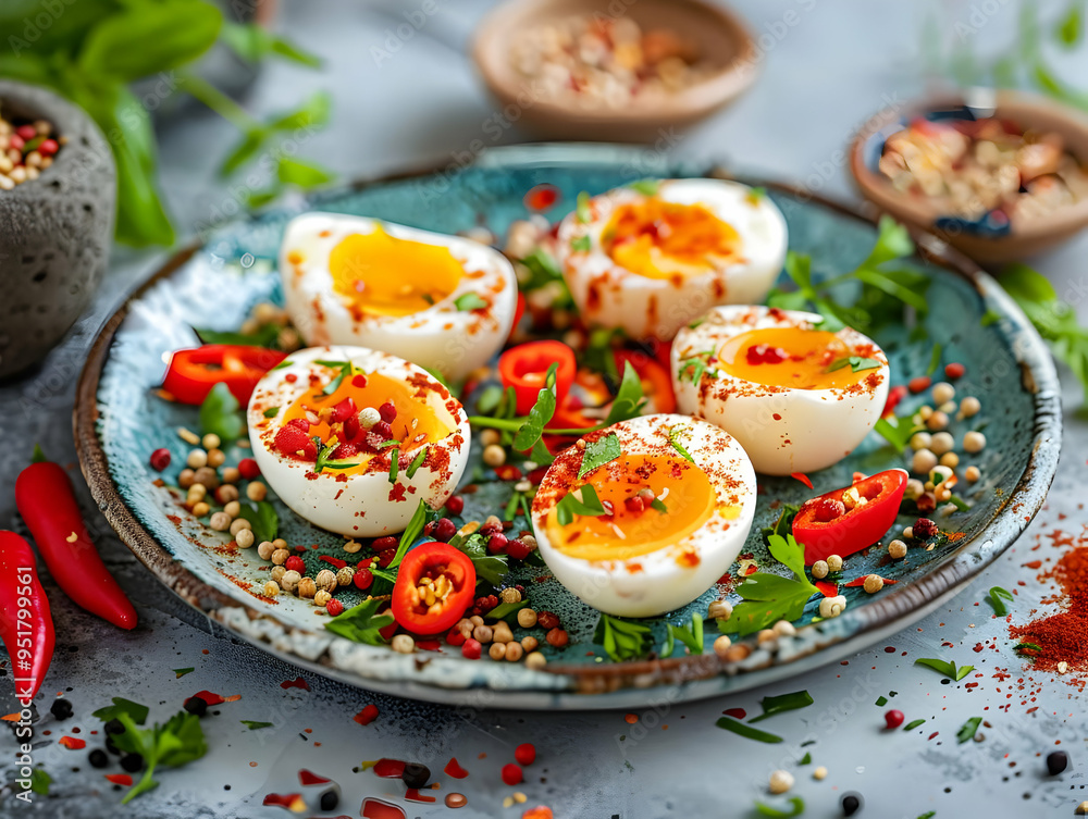Spicy Boiled Eggs with Chili Flakes and Herbs - Food Photography Spicy Boiled Eggs with Chili Flakes and Herbs - Food Photography