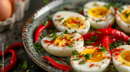 Spicy Boiled Eggs with Chili Peppers - Food Photography