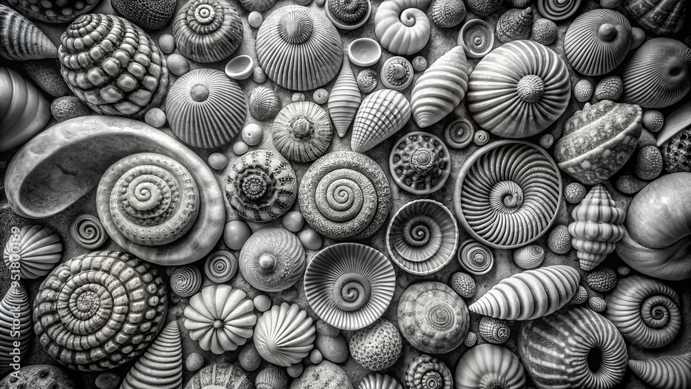 Abstract nature background pattern of black and white sea shells ...