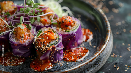 Close-up of Delicious Purple Cabbage Rolls with Sesame Seeds and Spicy Sauce - Food Photography