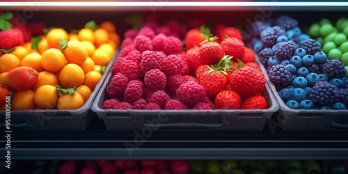 Colorful and fresh berries displayed in trays at a market, including strawberries, raspberries, blueberries, and more. Perfect for health and nutrition themes.