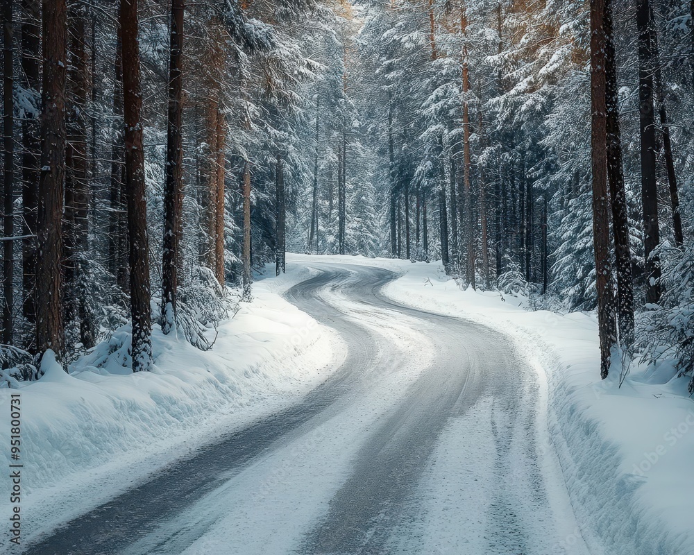 Snow-covered road winding through a wintery forest, with tall trees lining the way, Serene, Cool Tones, Wide Angle Snow-covered road winding through a wintery forest, with tall trees lining the way, Serene, Cool Tones, Wide Angle