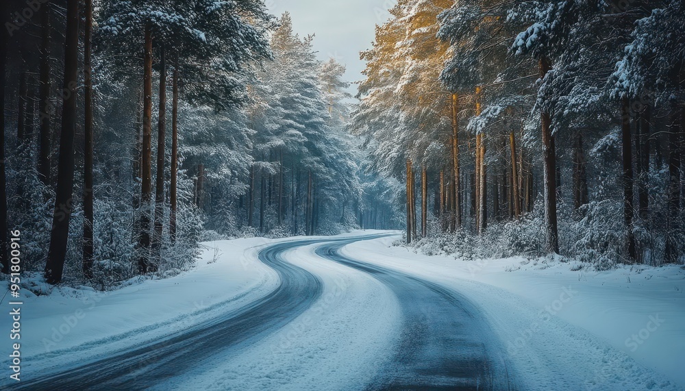 Snow-covered road winding through a wintery forest, with tall trees lining the way, Serene, Cool Tones, Wide Angle Snow-covered road winding through a wintery forest, with tall trees lining the way, Serene, Cool Tones, Wide Angle