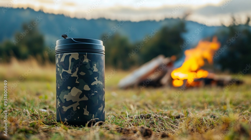 Camouflage Thermos by a Campfire in the Wilderness Camouflage Thermos by a Campfire in the Wilderness
