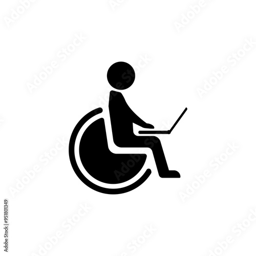 A person in a wheelchair working at a computer. Vector icon.