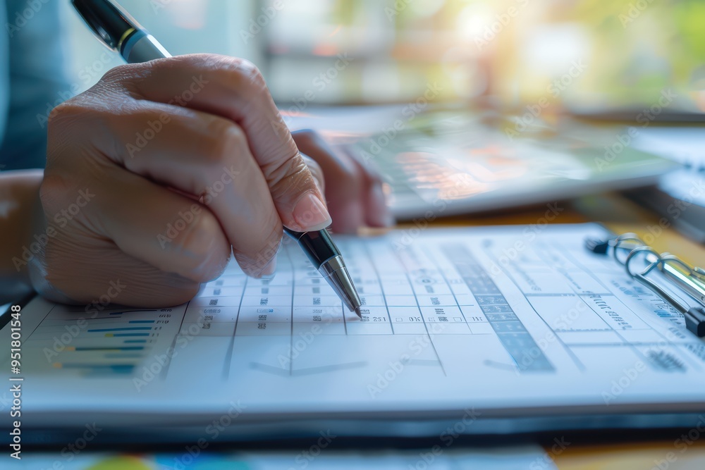 A close-up of a hand writing on a business document, symbolizing planning and analysis in a professional environment. A close-up of a hand writing on a business document, symbolizing planning and analysis in a professional environment.