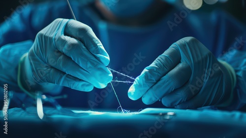 A close-up of hands performing a surgical procedure, showcasing precision and focus in a medical environment.