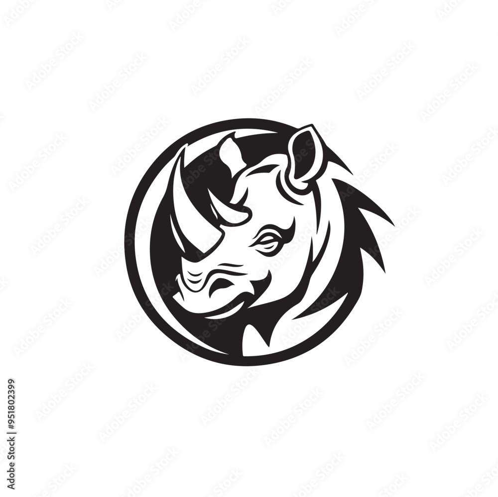 Fototapeta premium Monochrome Vector Design Featuring Horned Rhino Logo Inside a Perfect Circle Shape