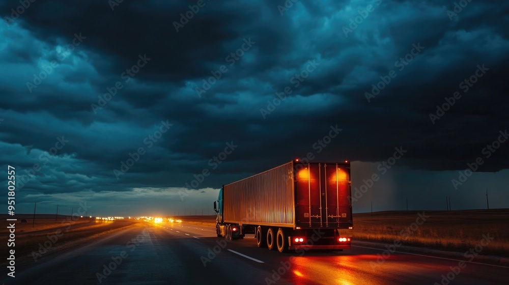 Fototapeta premium A truck on a highway at night, clouds gathering in the sky as it carries cargo towards its destination, amidst heavy traffic.