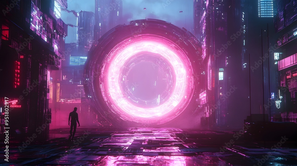 Quantum Tunneling Portal in Neon Drenched Cityscape Quantum Tunneling Portal in Neon Drenched Cityscape