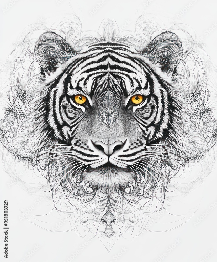 A detailed illustration of a tiger's face with intricate designs and vibrant eyes. A detailed illustration of a tiger's face with intricate designs and vibrant eyes.