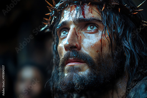  Jesus Christ illuminated by a single beam of light from above. A crown of thorns rests on His head, casting soft shadows on His serene face. The scene is somber and reverent