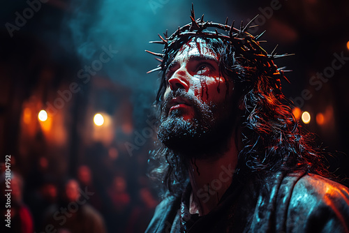  Jesus Christ illuminated by a single beam of light from above. A crown of thorns rests on His head, casting soft shadows on His serene face. The scene is somber and reverent