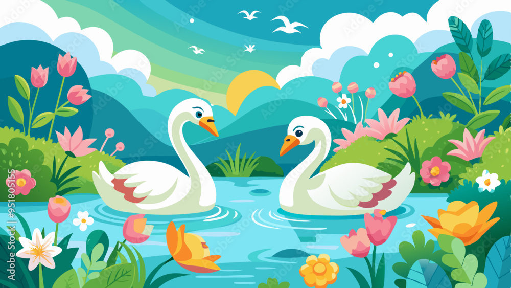 Fototapeta premium A pair of majestic white swans. Swan Song Feathered Friends. On a warm, cloudless day. Frolicking and splashing playfully in crystal-clear, turquoise-hued water, surrounded by lush greenery 