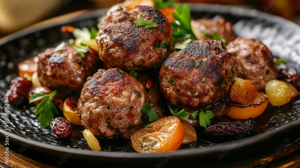 Bulgarian national cuisine: Meat balls with nuts and raisins. Bulgarian national cuisine: Meat balls with nuts and raisins.